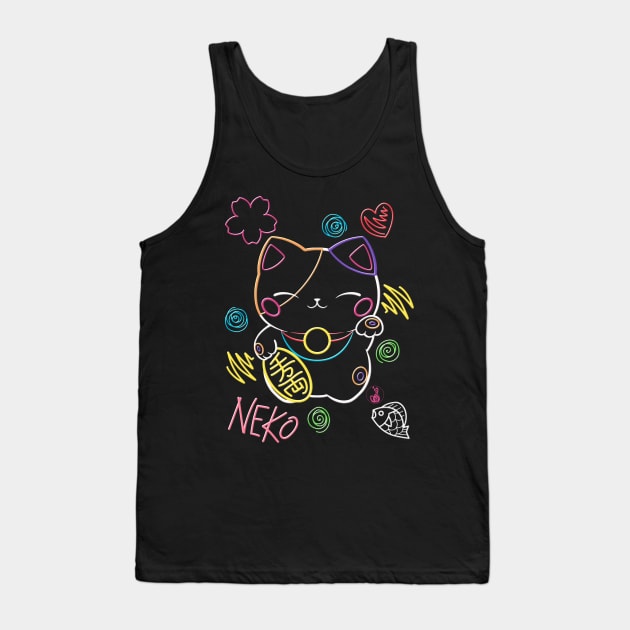 Neon Neko (3) - Cute neon light Japanese beckoning cats to bring you good luck Tank Top by SamInJapan